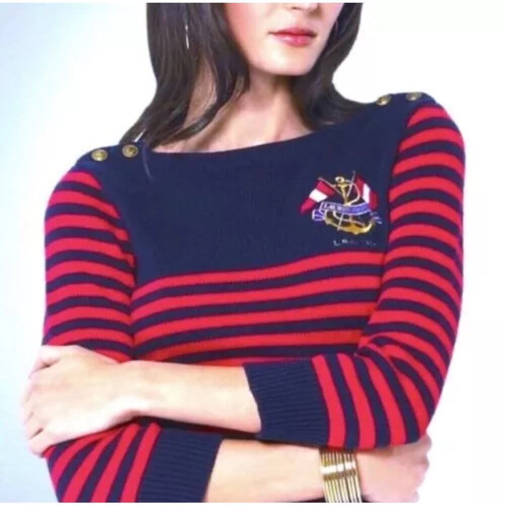 Ralph Lauren Striped Sweater Embroidered Nautical Crest Gold Buttons Navy Red XL